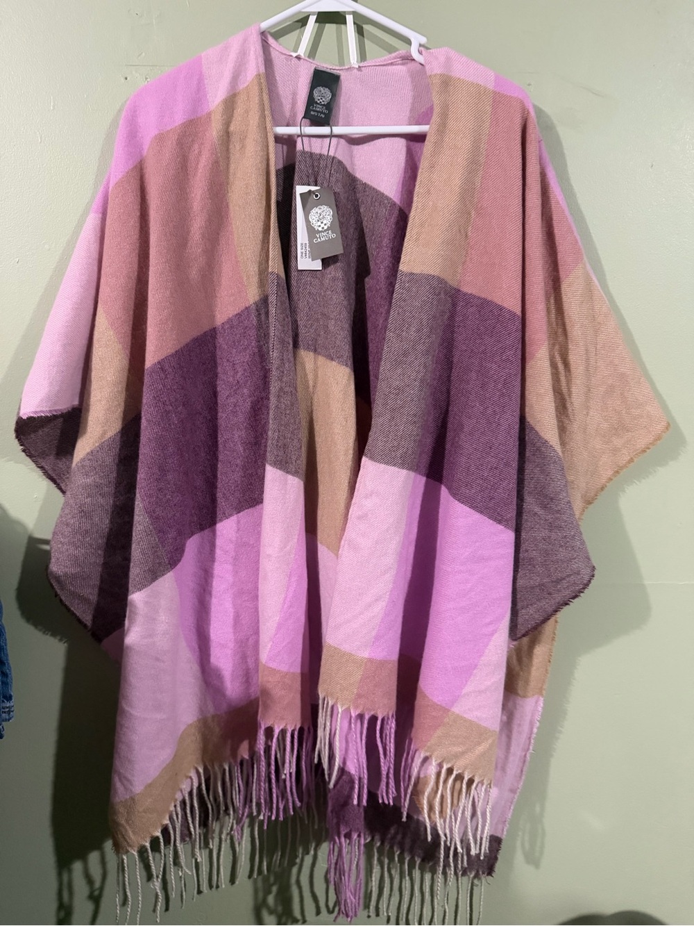 Vince Camuto Pink Mauve & Tan Striped Fringe Open-Front Poncho
